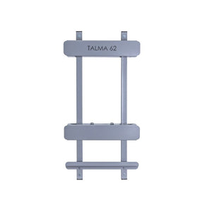 The HEGREN TALMA Accessory Storage Rack by Hegren, a rectangular metal frame with three horizontal bars and two vertical rods, is perfect for organising Pilates accessories—shown here against a plain white background.