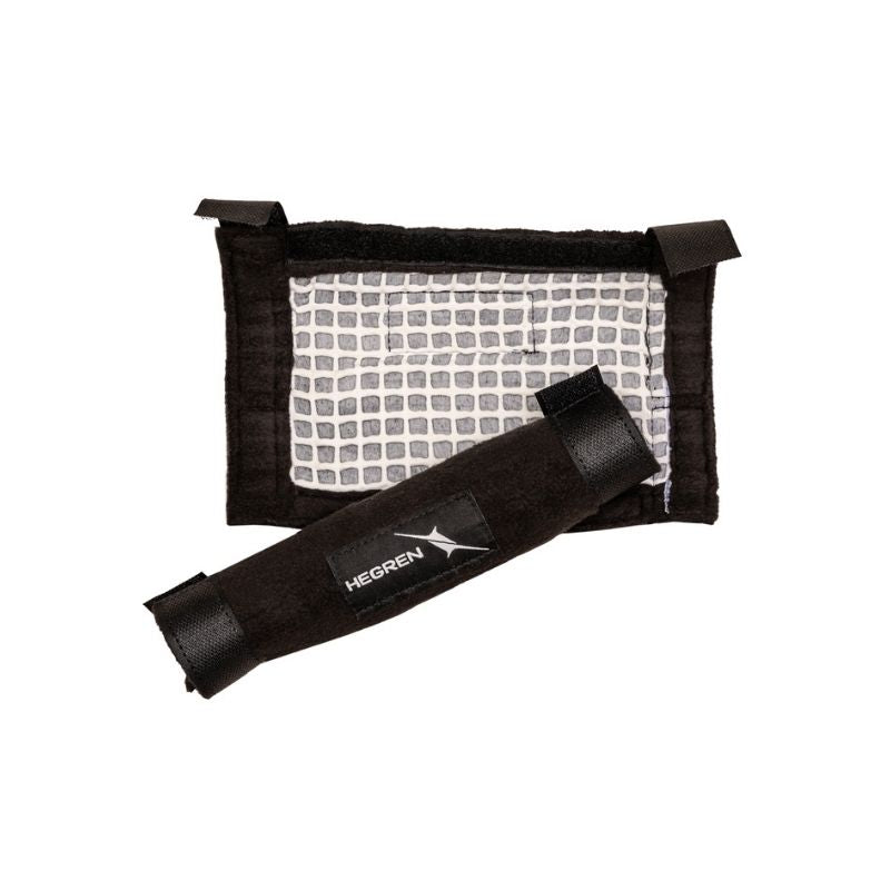The HEGREN Pilates Ergonomic Grip Handles by Hegren include a black mesh training pad with Velcro straps, a matching black armband, and ergonomic handles for a secure, comfortable grip during sports or physical training.
