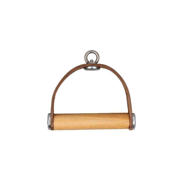 The HEGREN Premium Wood & Leather Pilates Handles by Hegren feature a wood and leather grip with metal ends, a brown leather strap, and a metal ring—perfect as reformer accessories or Pilates handles.