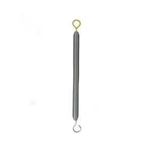 A long, coiled metal tension spring with a yellow closed loop and open hook—perfect as a HEGREN Reformer Springs – Colour-Coded Resistance Options accessory by Hegren, suitable for Pilates reformers.