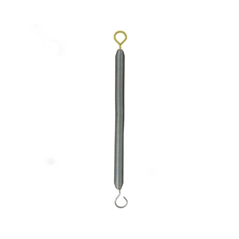 A long, coiled metal tension spring with a yellow closed loop and open hook—perfect as a HEGREN Reformer Springs – Colour-Coded Resistance Options accessory by Hegren, suitable for Pilates reformers.