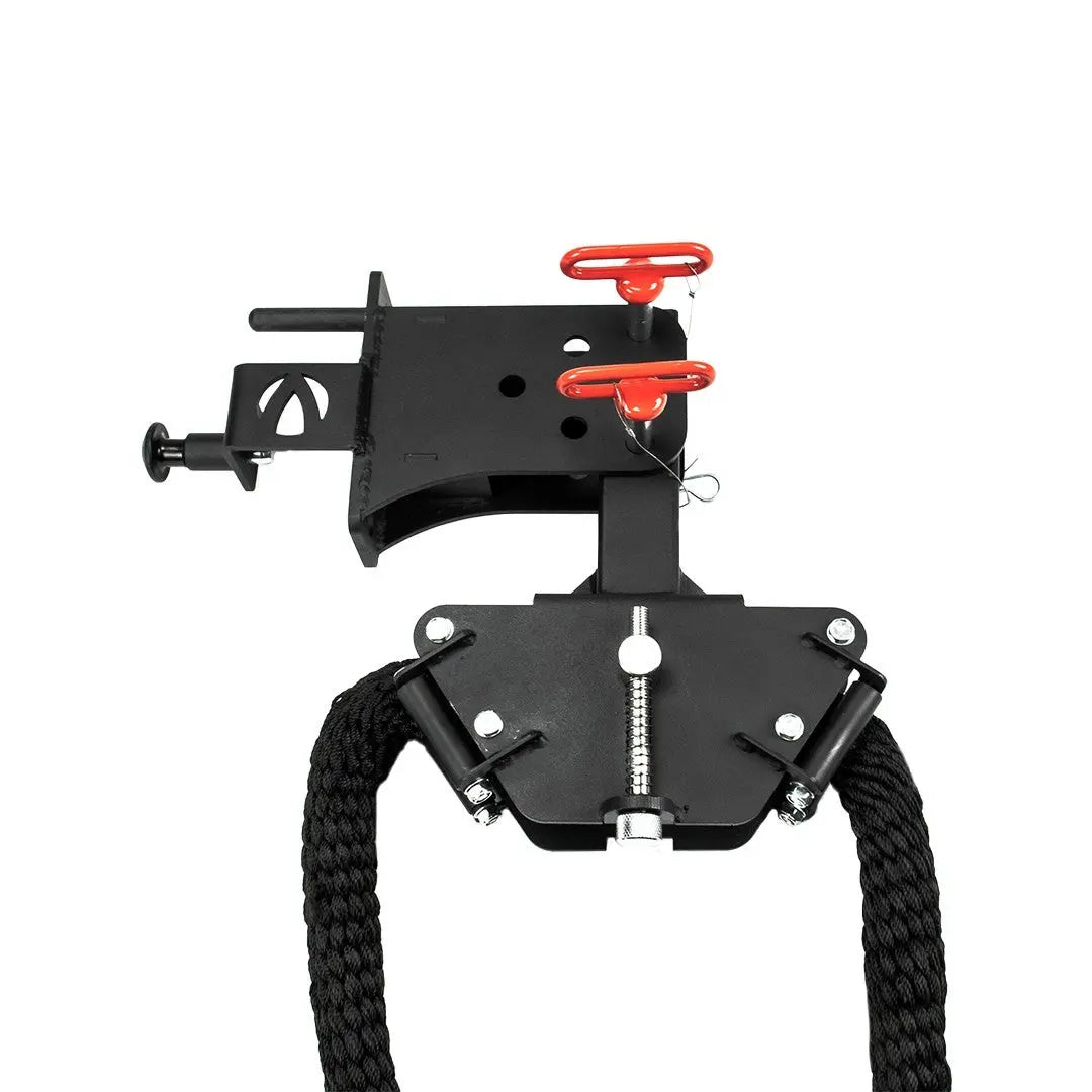 The black and red hitch-mounted step resembles the Jordan HELIX Rope Attachments sturdy design. With two adjustable red handles and a coiled safety chain, it offers durable metal construction, ideal for mounting on your vehicle.
