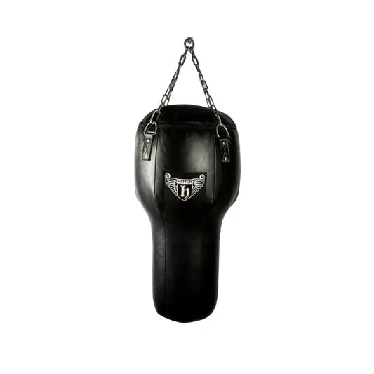 The Hatton Boxing Uppercut Bag is a unique black hanging punching bag with a torso shape, metal chains, and a Hatton h with wings logo on the front. Ideal for boxing training, it stands out against a plain white background.
