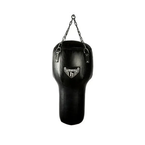 The Hatton Boxing Uppercut Bag is a unique black hanging punching bag with a torso shape, metal chains, and a Hatton h with wings logo on the front. Ideal for boxing training, it stands out against a plain white background.