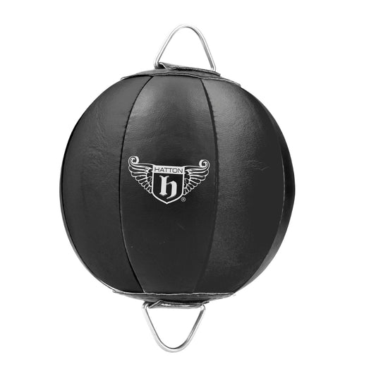 The Hatton Boxing black leather Floor to Ceiling Ball, adorned with the Hatton logo, is spherical and includes metal loops for easy suspension. This double-end bag is perfect for enhancing coordination and keeping you sharp in the ring.