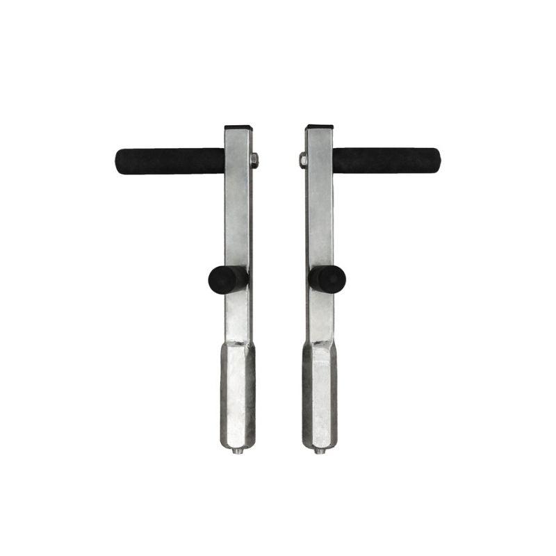 The HEGREN Pilates Multi-Grip Plank Handles (Pair) by Hegren feature metal construction, black foam grips, and cylindrical knobs—perfect for core training. Shown vertically side-by-side against a white background.