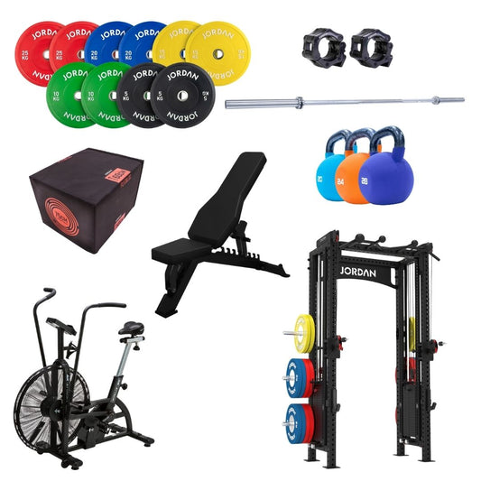 The Home Gym Pro Elite Athletes Bundle includes colored weight plates, barbell with collars, plyo box, adjustable bench, kettlebells, air bike, and a squat rack with storage—ideal for serious strength and conditioning at home.