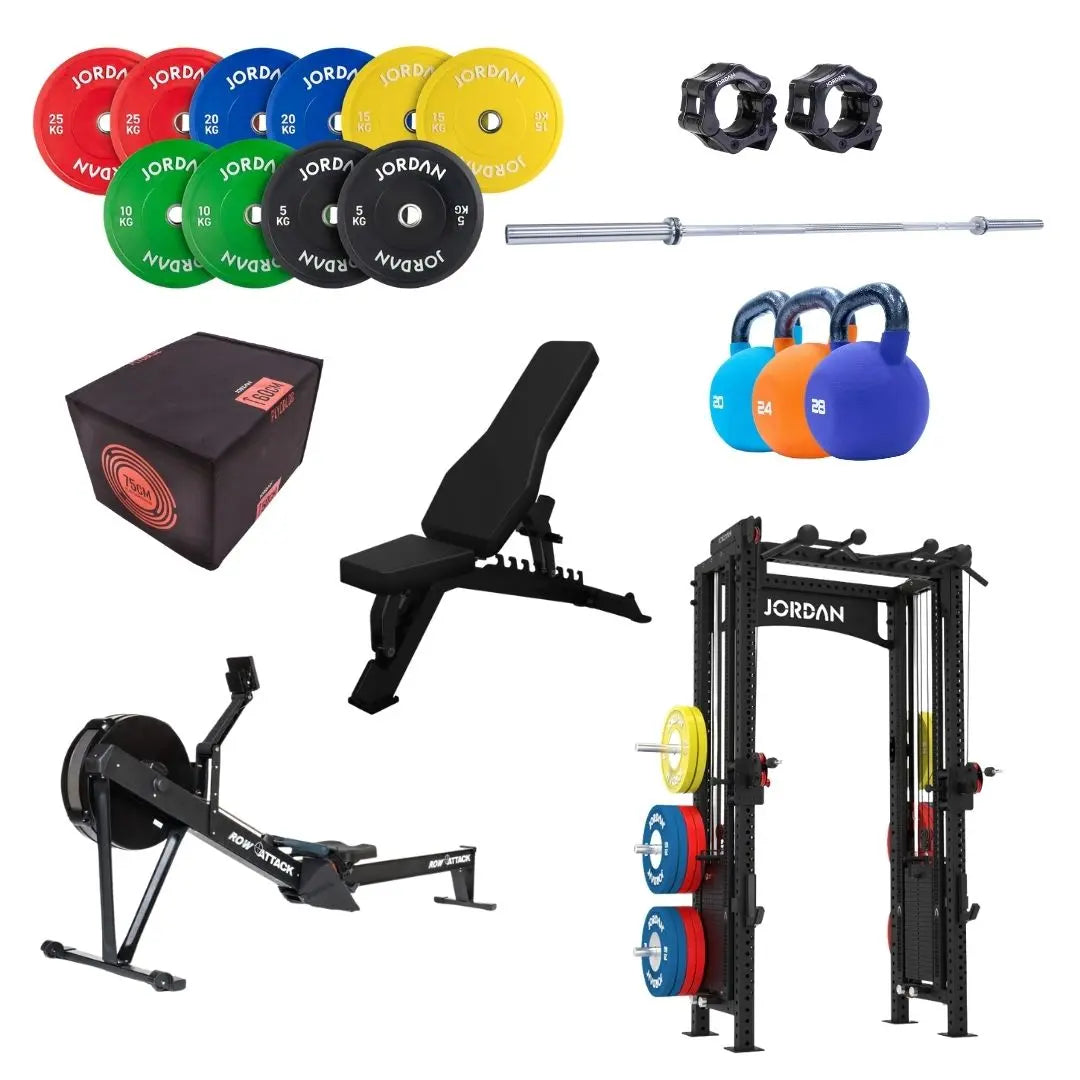 The Home Gym Pro Elite Athletes Bundle includes colored weight plates, barbell with collars, plyo box, adjustable bench, kettlebells, air bike, and a squat rack with storage—ideal for serious strength and conditioning at home.