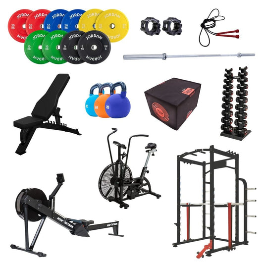 The Home Gym Pro Elite CrossFit Bundle includes weight plates, dumbbells, kettlebells, barbell, jump rope, adjustable bench, plyo box, rowing machine, air bike, squat rack, and collar clamps for complete strength conditioning.