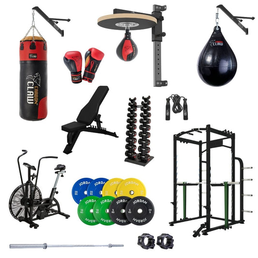 The Elite Fighter’s Bundle by Home Gym Pro includes heavy bag, speed bag, boxing gloves, adjustable bench, dumbbells, jump rope, exercise bike, weight plates, squat rack, barbell & collars—perfect for home combat & strength training.