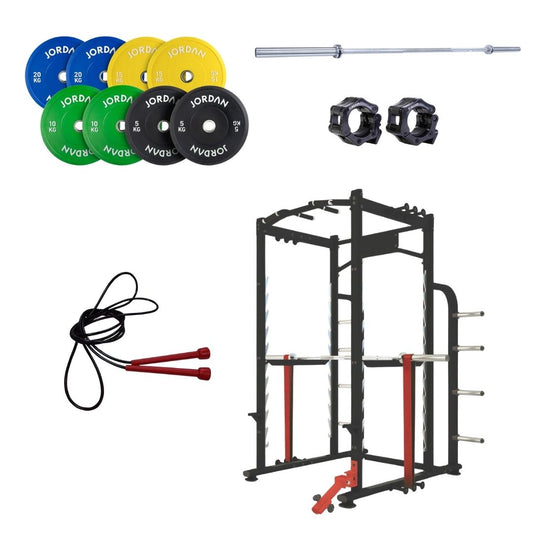 The Home Gym Pro Essential CrossFit Bundle includes colorful weight plates, a barbell, clamp collars, a jump rope, and a black power rack with red accents—ideal for Olympic lifting or CrossFit—all displayed on a white background.