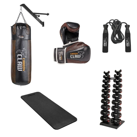 Upgrade your workout space with the Essential Fighters Bundle from Home Gym Pro—includes a hanging punching bag, boxing gloves, jump rope, dumbbells, and a black exercise mat for sharpening your striking skills.