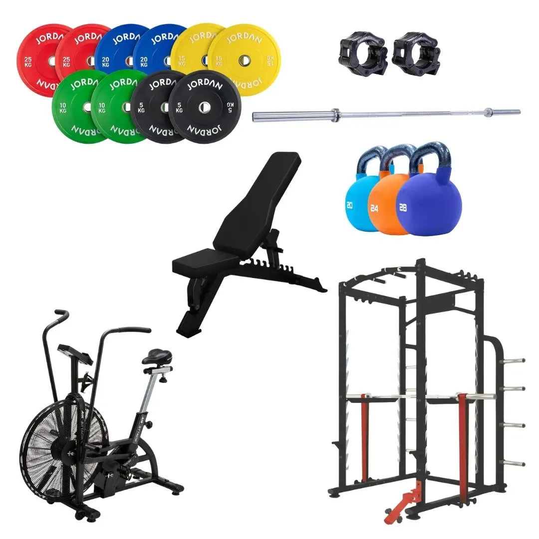 Discover the Pro Athletes Bundle from Home Gym Pro: a vibrant home gym set with colorful weight plates, a sturdy barbell with clamps, an adjustable bench, versatile kettlebells, a dynamic exercise bike, and a robust squat rack for ultimate strength and conditioning.