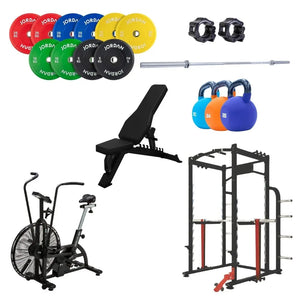 Discover the Pro Athletes Bundle from Home Gym Pro: a vibrant home gym set with colorful weight plates, a sturdy barbell with clamps, an adjustable bench, versatile kettlebells, a dynamic exercise bike, and a robust squat rack for ultimate strength and conditioning.