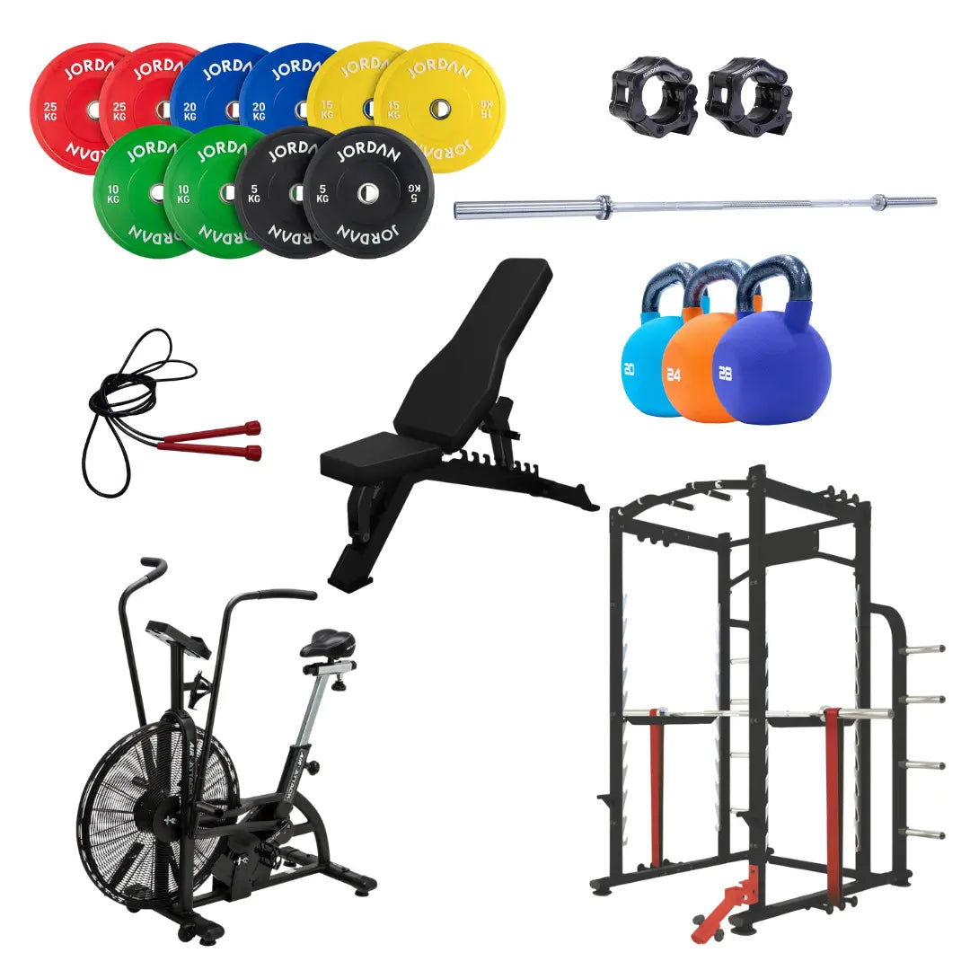 The Home Gym Pro Pro CrossFit Bundle is perfect for Functional Fitness Training, featuring weight plates, a barbell, clamps, jump rope, adjustable bench, kettlebells, power rack, and an air bike.