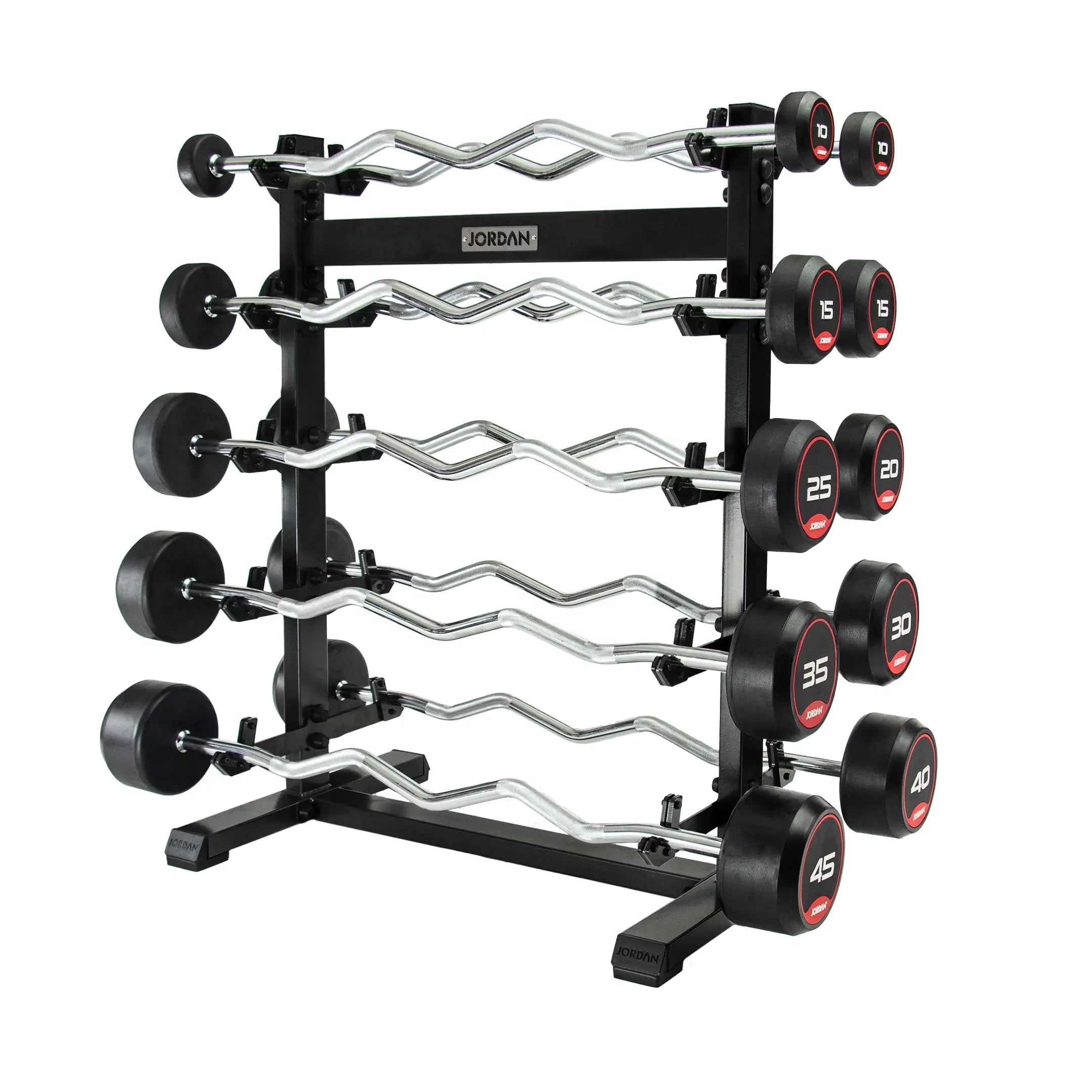 The JORDAN Barbells Curl Bar, a silver design with wavy ergonomic grip for secure handling, features black and red circular ends and displays 10 on one end. Part of the Jordan Fixed Rubber Curl Barbells line, this barbell is perfect for enhancing upper-body strength against a white background.