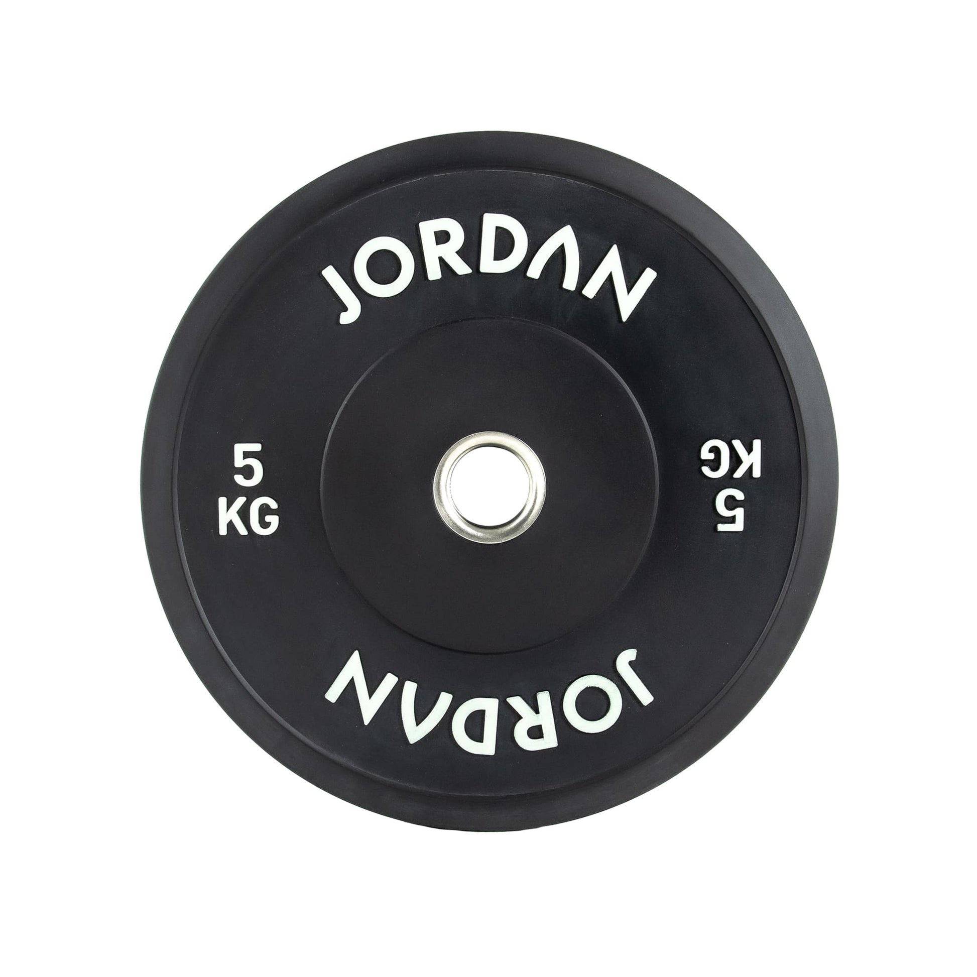 The vibrant JORDAN Bumper Plates set by Jordan includes five rubber-colored plates for Olympic lifting: 25 kg (red), 20 kg (blue), 15 kg (yellow), 10 kg (green), and 5 kg (black). Each features a central hole for easy barbell mounting and sound reduction during workouts.