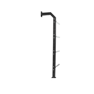 The Jordan HELIX Power Rack (LTR) Weight Storage Horns Attachment is a sleek, black wall-mounted rack with four horizontal pegs for optimal weight storage, compatible with the HELIX Power Rack, making it an essential gym organization solution.