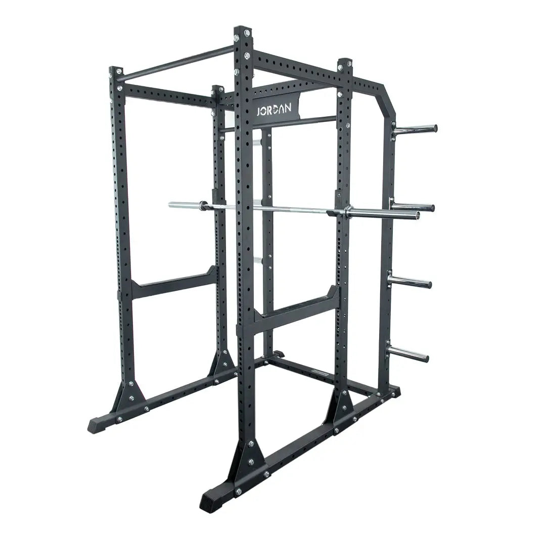 The Jordan HELIX Power Rack (LTR) Weight Storage Horns Attachment is a sleek, black wall-mounted rack with four horizontal pegs for optimal weight storage, compatible with the HELIX Power Rack, making it an essential gym organization solution.