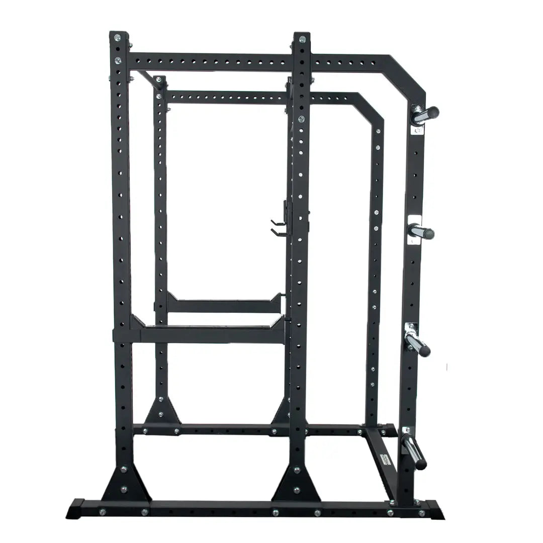 The Jordan HELIX Power Rack (LTR) Weight Storage Horns Attachment is a sleek, black wall-mounted rack with four horizontal pegs for optimal weight storage, compatible with the HELIX Power Rack, making it an essential gym organization solution.