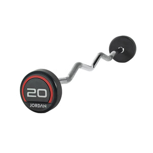 A JORDAN Fixed Curl Bar Barbell with black premium urethane circular weights, one end showing 10 JORDAN in white and red lettering. Brand: Jordan. Isolated on a white background.