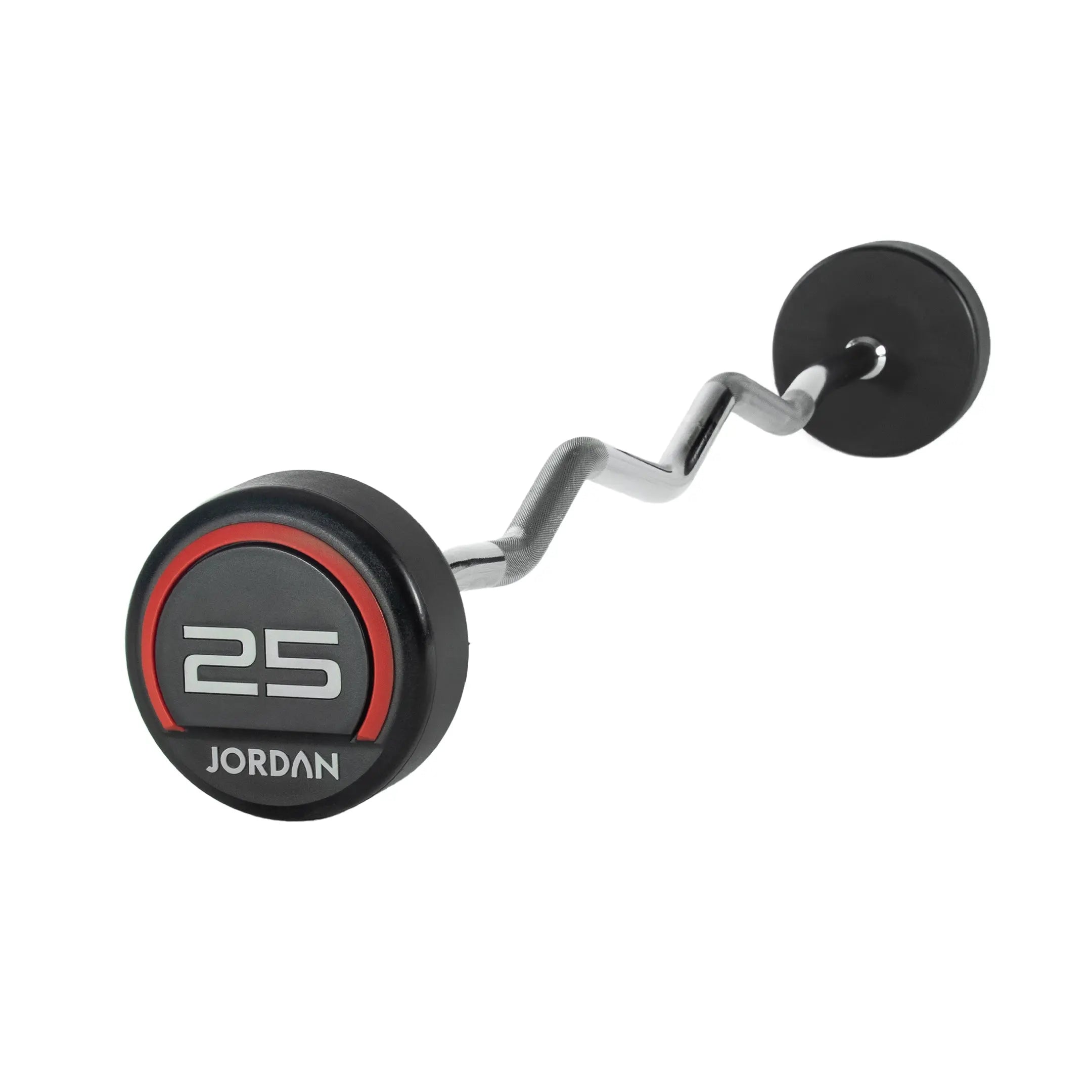 A JORDAN Fixed Curl Bar Barbell with black premium urethane circular weights, one end showing 10 JORDAN in white and red lettering. Brand: Jordan. Isolated on a white background.
