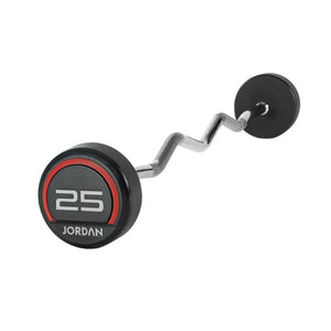 A JORDAN Fixed Curl Bar Barbell with black premium urethane circular weights, one end showing 10 JORDAN in white and red lettering. Brand: Jordan. Isolated on a white background.
