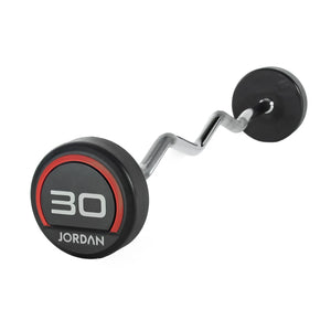 A JORDAN Fixed Curl Bar Barbell with black premium urethane circular weights, one end showing 10 JORDAN in white and red lettering. Brand: Jordan. Isolated on a white background.