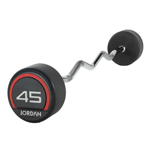 A JORDAN Fixed Curl Bar Barbell with black premium urethane circular weights, one end showing 10 JORDAN in white and red lettering. Brand: Jordan. Isolated on a white background.