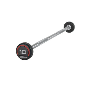 The Jordan Fixed Rubber Barbell has round rubber ends, labeled 10 with Jordan underneath in a black and red design. Ideal for barbell racks, it adds style and utility to any workout space.