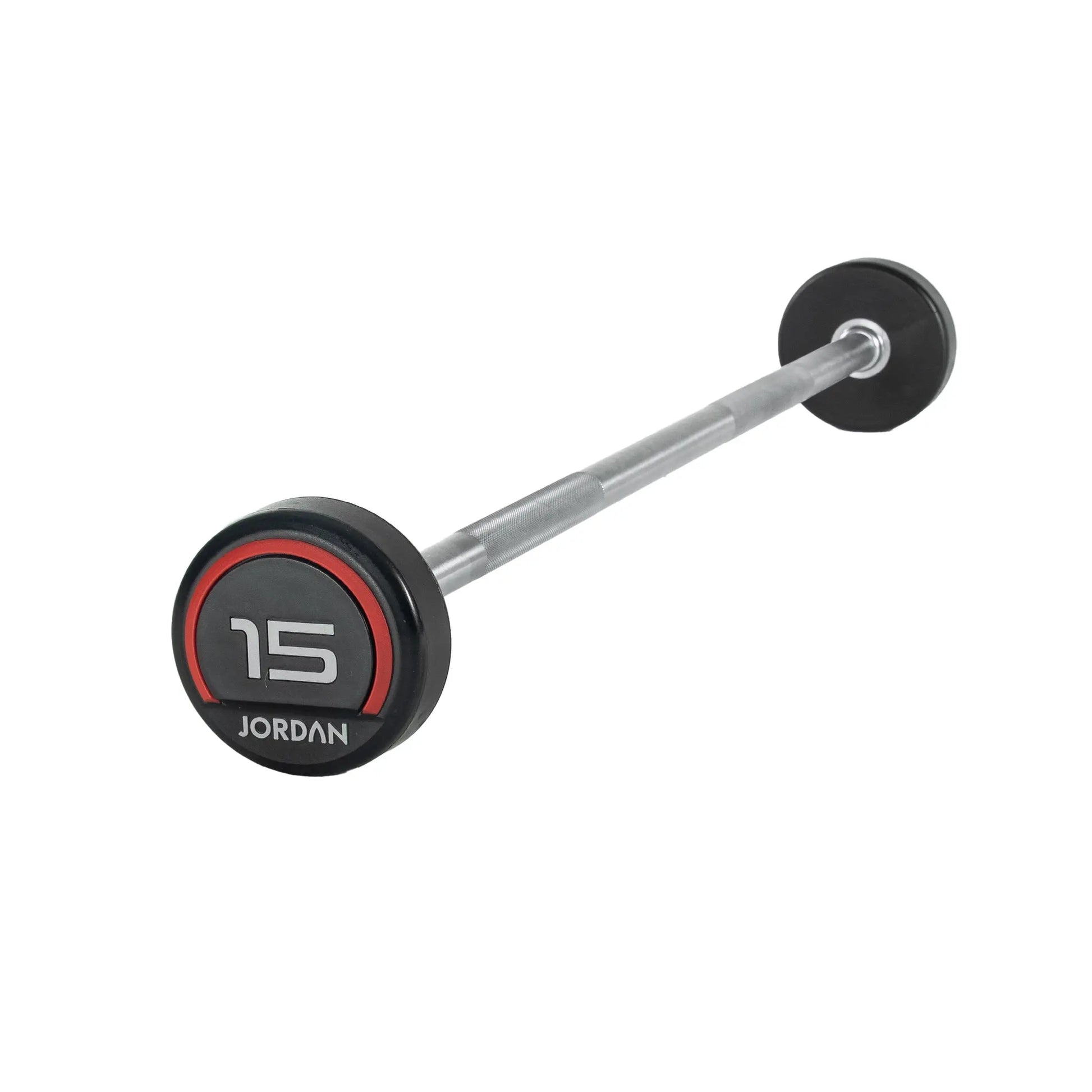 The Jordan Fixed Rubber Barbell has round rubber ends, labeled 10 with Jordan underneath in a black and red design. Ideal for barbell racks, it adds style and utility to any workout space.