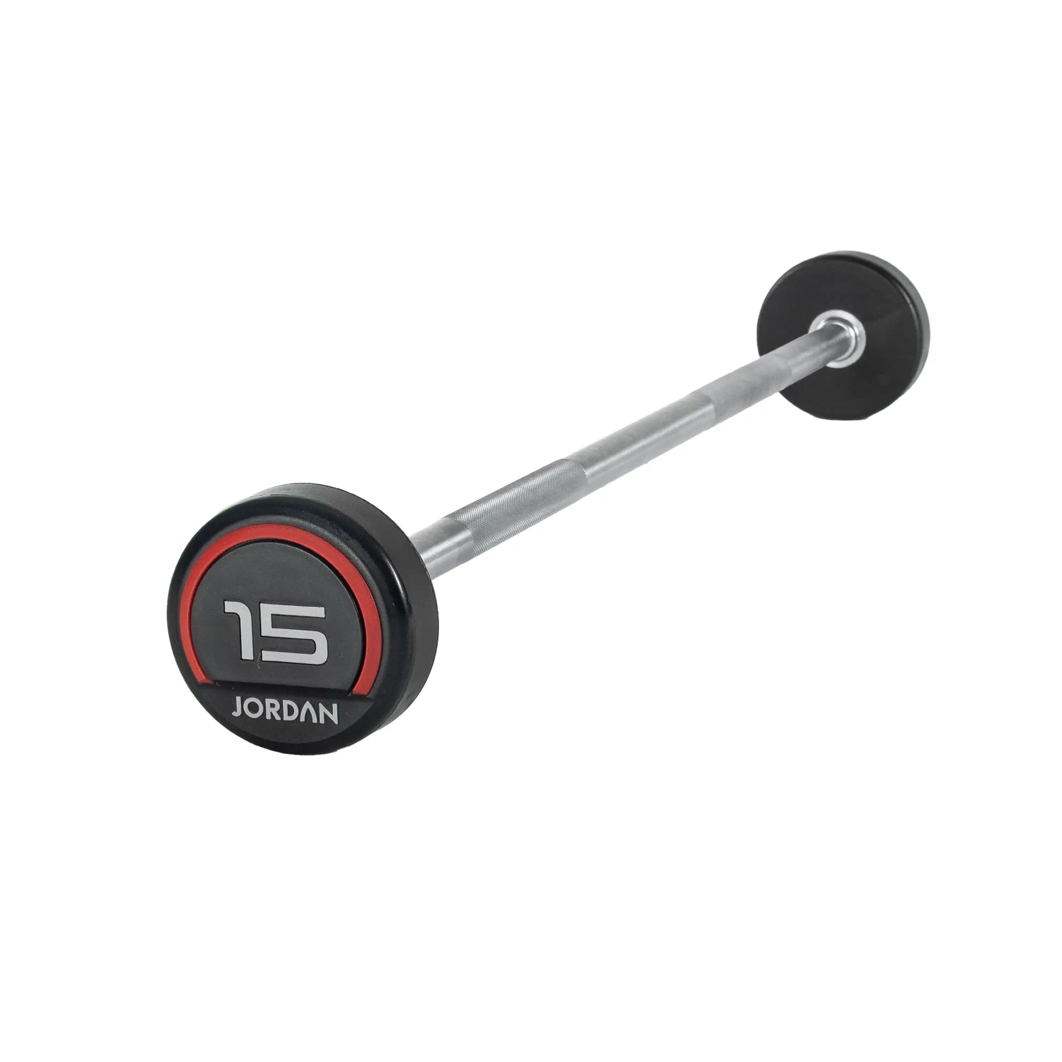 The Jordan Fixed Rubber Barbell has round rubber ends, labeled 10 with Jordan underneath in a black and red design. Ideal for barbell racks, it adds style and utility to any workout space.