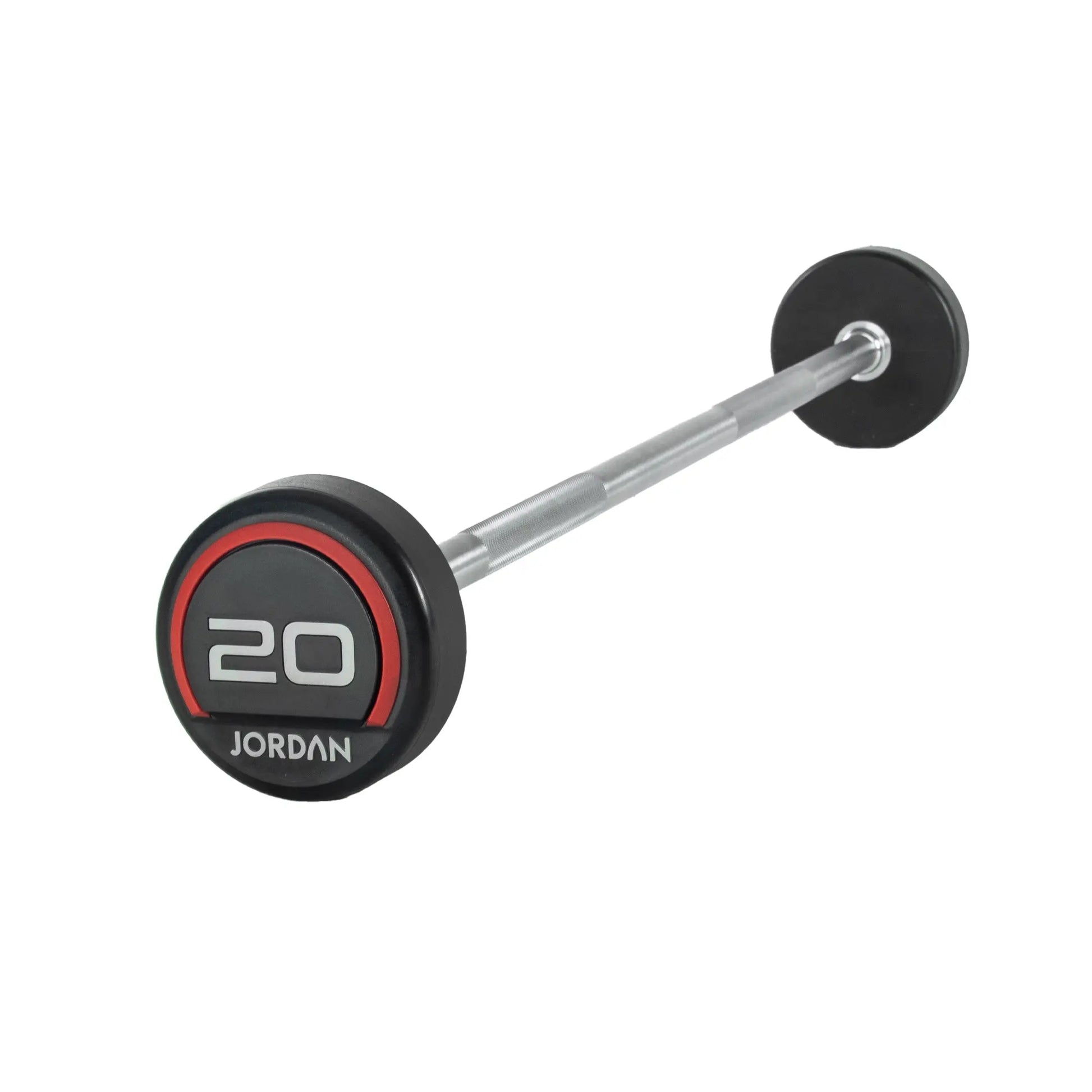 The Jordan Fixed Rubber Barbell has round rubber ends, labeled 10 with Jordan underneath in a black and red design. Ideal for barbell racks, it adds style and utility to any workout space.