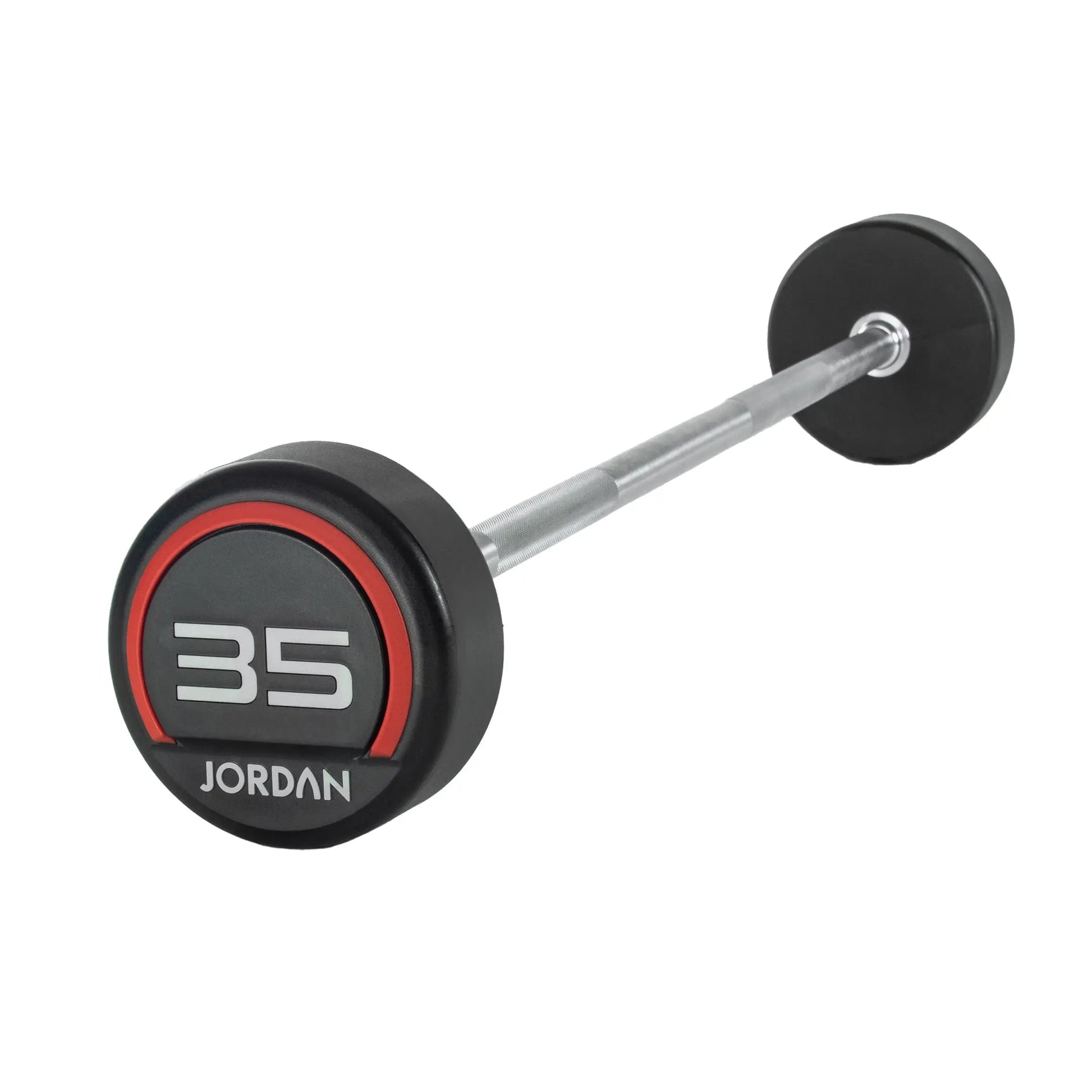 The Jordan Fixed Rubber Barbell has round rubber ends, labeled 10 with Jordan underneath in a black and red design. Ideal for barbell racks, it adds style and utility to any workout space.