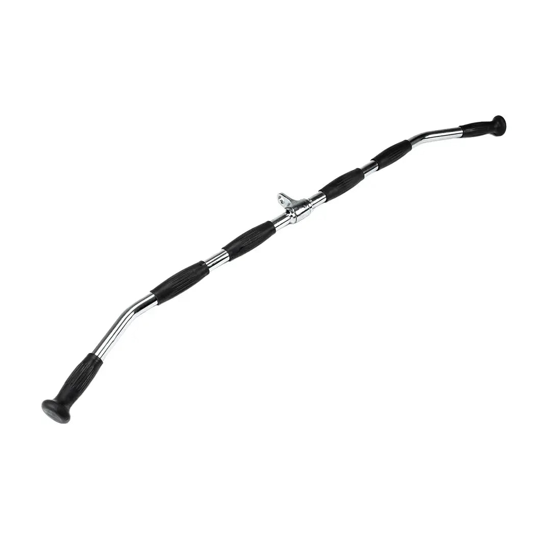 The JORDAN 48 Standard Lat Pulldown Bar is a long, curved stainless steel bar with black rubber grips and caps. It has a central attachment point ideal for cable machines and is designed for effective upper-body workouts.