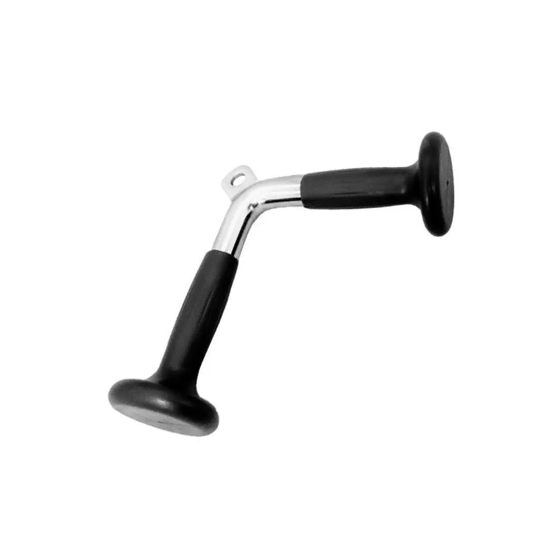 The JORDAN Angled Press-Down Bar by Jordan is a metal V-shaped bar featuring black rubber grips and an attachment loop. Perfect as a cable machine accessory, its great for targeting various muscle groups with exercises like tricep extensions.