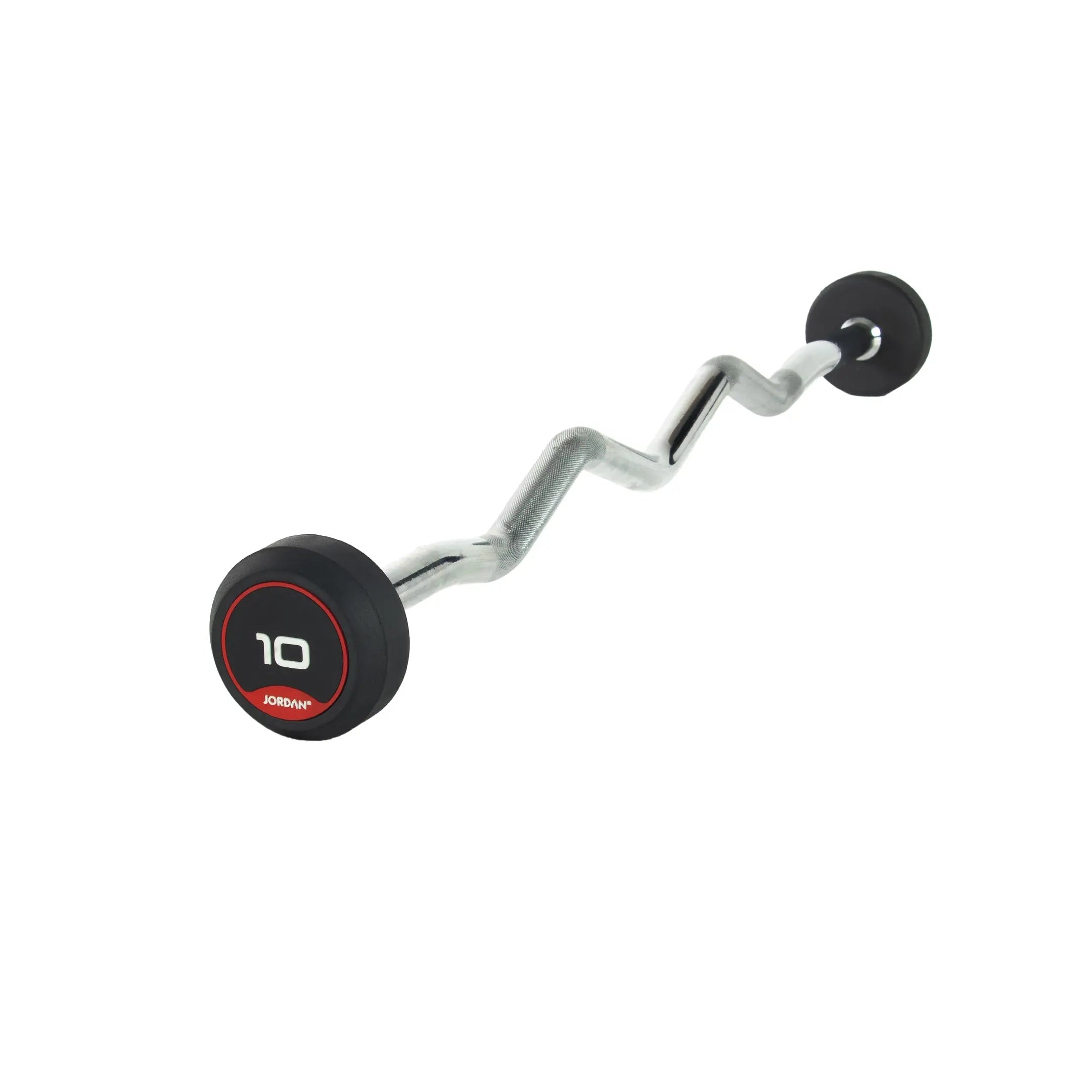 The JORDAN Barbells Curl Bar, a silver design with wavy ergonomic grip for secure handling, features black and red circular ends and displays 10 on one end. Part of the Jordan Fixed Rubber Curl Barbells line, this barbell is perfect for enhancing upper-body strength against a white background.