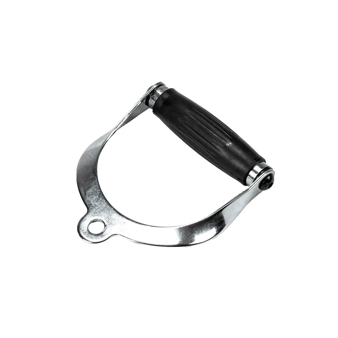 The JORDAN Cable Handle Attachment by Jordan features a metal cable handle with a black urethane grip and a circular attachment loop, ideal for dual pulley systems, showcased against a white background.