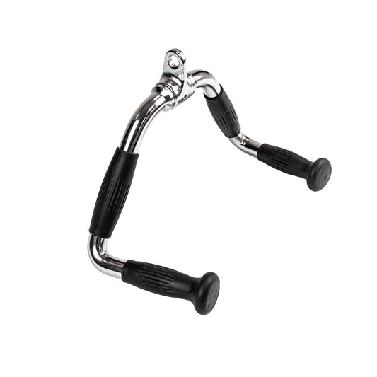 The JORDAN Close Grip Low Row / Pulldown Handle Attachment by Jordan is chrome-plated with a U-shaped steel bar, two textured black grip handles, and a central pivot point for versatile gym machine connectivity, perfect for close grip row exercises.