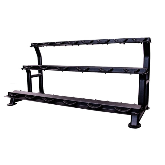 A commercial-grade, black JORDAN Dumbbell Storage Rack 3 Tier / 10 Pair by Jordan is empty and elegantly placed against a white background, featuring a sturdy frame.