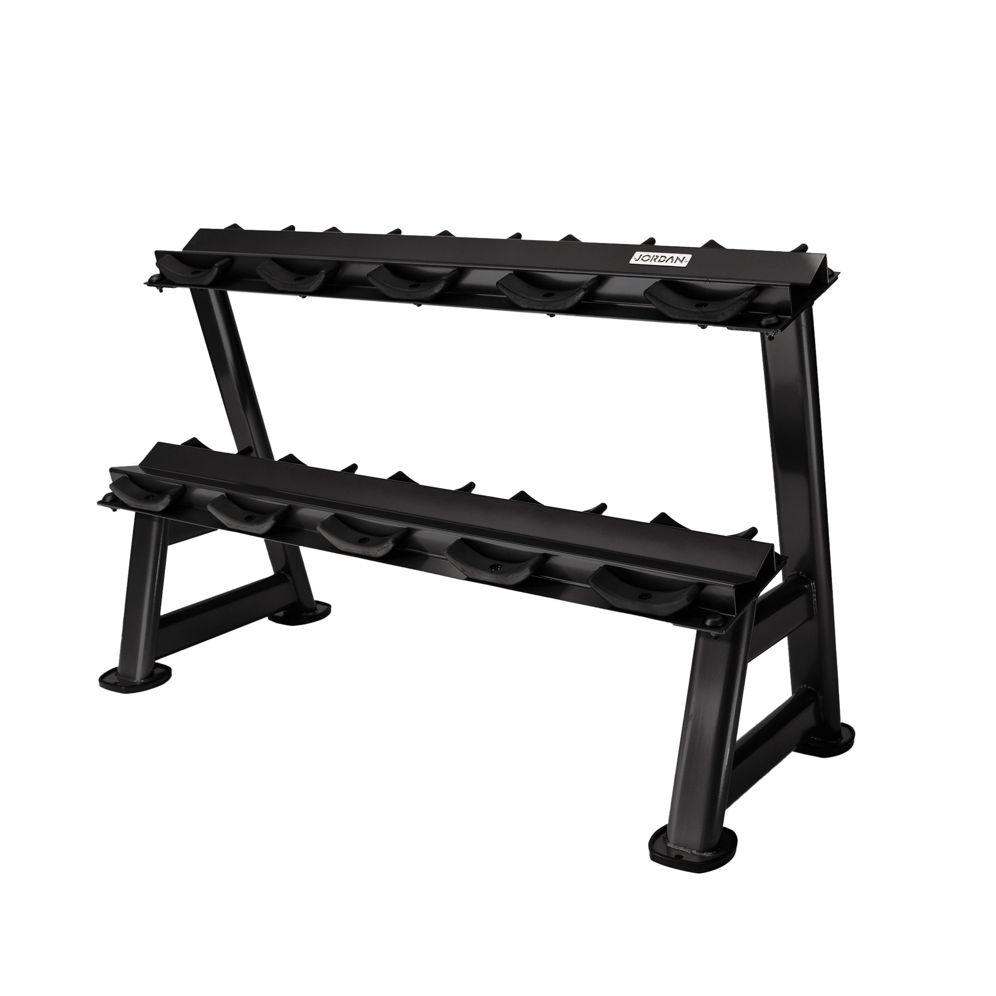 The  JORDAN Dumbbell Storage Rack, a compact black two-tier stand, features a sturdy metal frame and rubber-coated cradles. Its sleek design suits any home gym setup and ensures efficient organization against a white background.