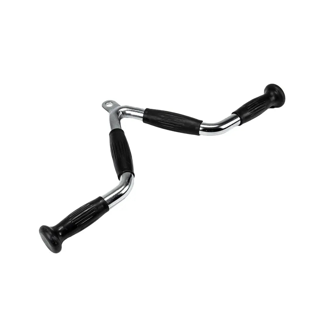 Close-up of the JORDAN EZ Cable Curl Bar Attachment by Jordan. This chromed steel V-bar with black rubber grips is designed for gym machines, featuring two angled, grooved handles for enhanced grip and ergonomic comfort—perfect for exercises like tricep pushdowns or bicep curls.