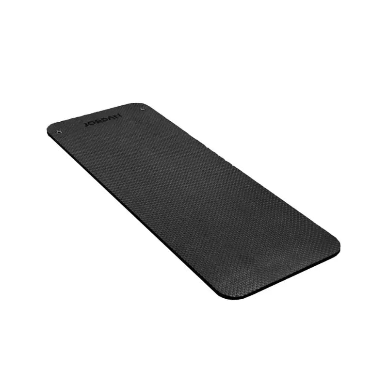 The JORDAN Fitness Mat by Jordan, available in multiple sizes, colors, and 9mm or 19mm thickness, is a black rectangular mat with a textured surface—perfect for home gyms or yoga—shown flat on a white background.