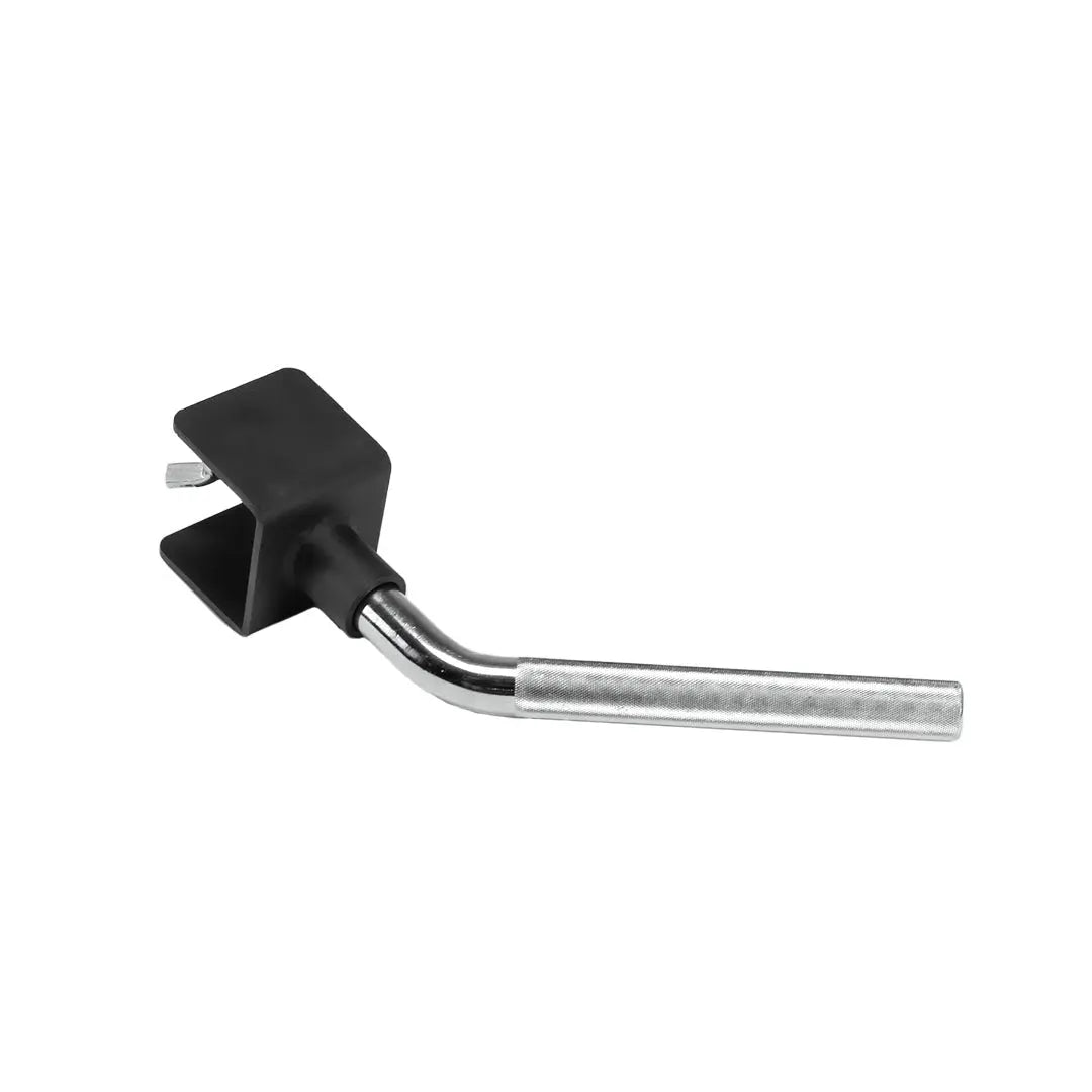The JORDAN HELIX Angled Pull Up Bar Attachment by Jordan features a metal design with a long cylindrical handle and black rectangular head, similar to the versatile pull-up bars in the JORDAN range, perfect for enhancing gym setups.
