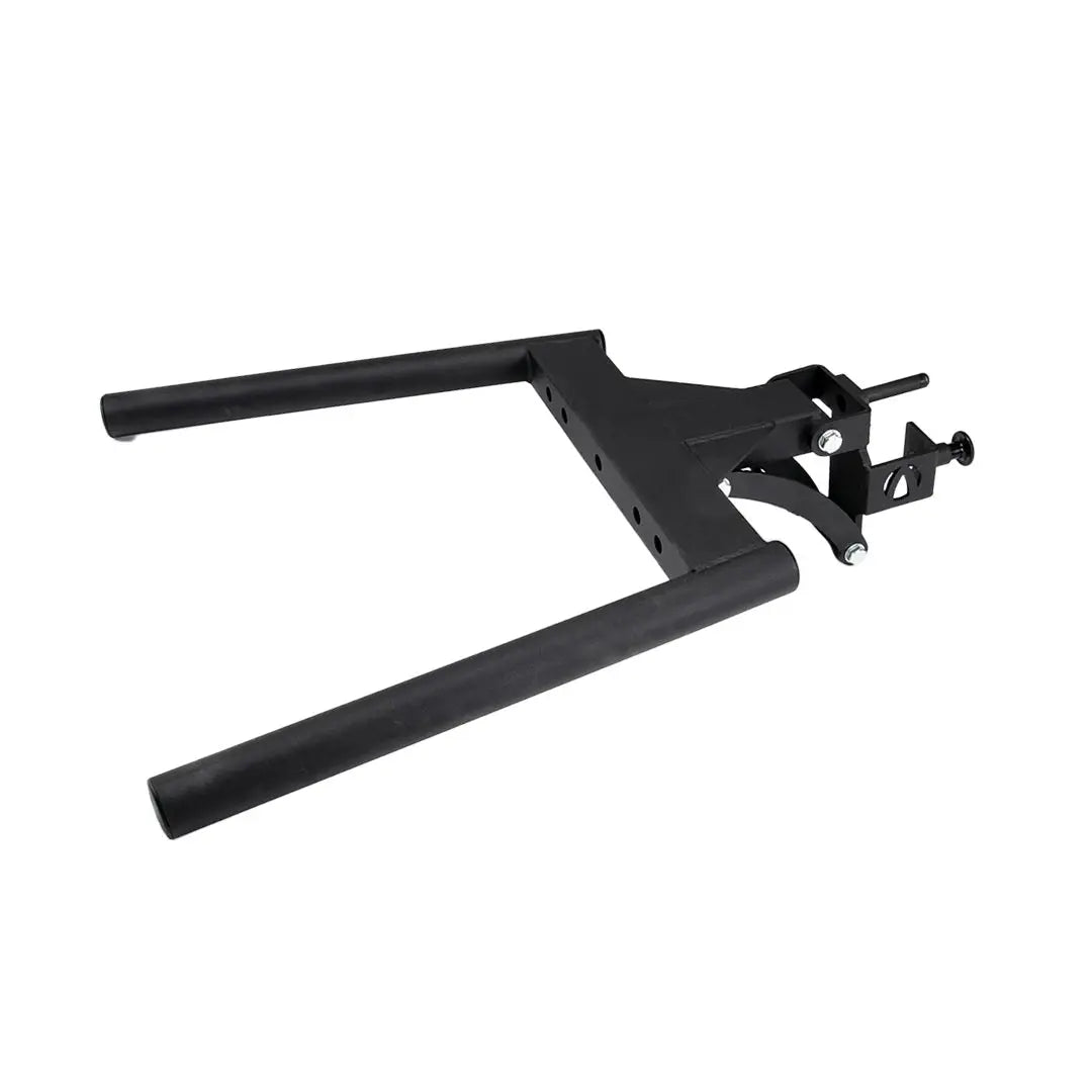 Introducing the JORDAN HELIX Dipping Bar Attachment by Jordan: a black metal bar with long handles and connecting bracket, ideal for fitness equipment or gym setups. Designed for bodyweight exercises, it features commercial-quality construction with sturdy bolts for easy assembly and secure attachment.