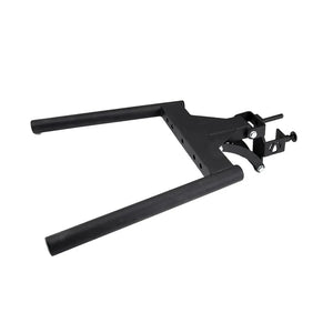 Introducing the JORDAN HELIX Dipping Bar Attachment by Jordan: a black metal bar with long handles and connecting bracket, ideal for fitness equipment or gym setups. Designed for bodyweight exercises, it features commercial-quality construction with sturdy bolts for easy assembly and secure attachment.