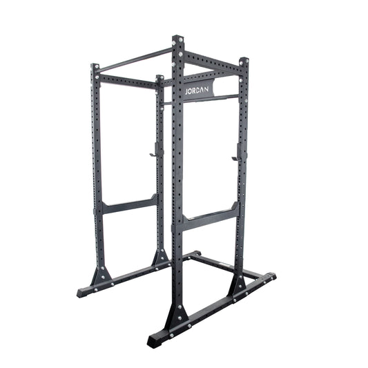 The JORDAN HELIX Freestanding Power Rack (LTR) with J-Hooks & Safety Bars is ideal for strength enthusiasts and premium home gyms. Featuring a sturdy black frame with adjustable heights, it’s perfect for weightlifting. The brand name Jordan stands proudly at the top.
