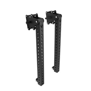 The JORDAN HELIX Jammer Arms Attachment (Pair) by Jordan features two black steel adjustable brackets with multiple holes for height customization, perfect for supporting equipment or shelving and creating a versatile HELIX Rack power-training station.