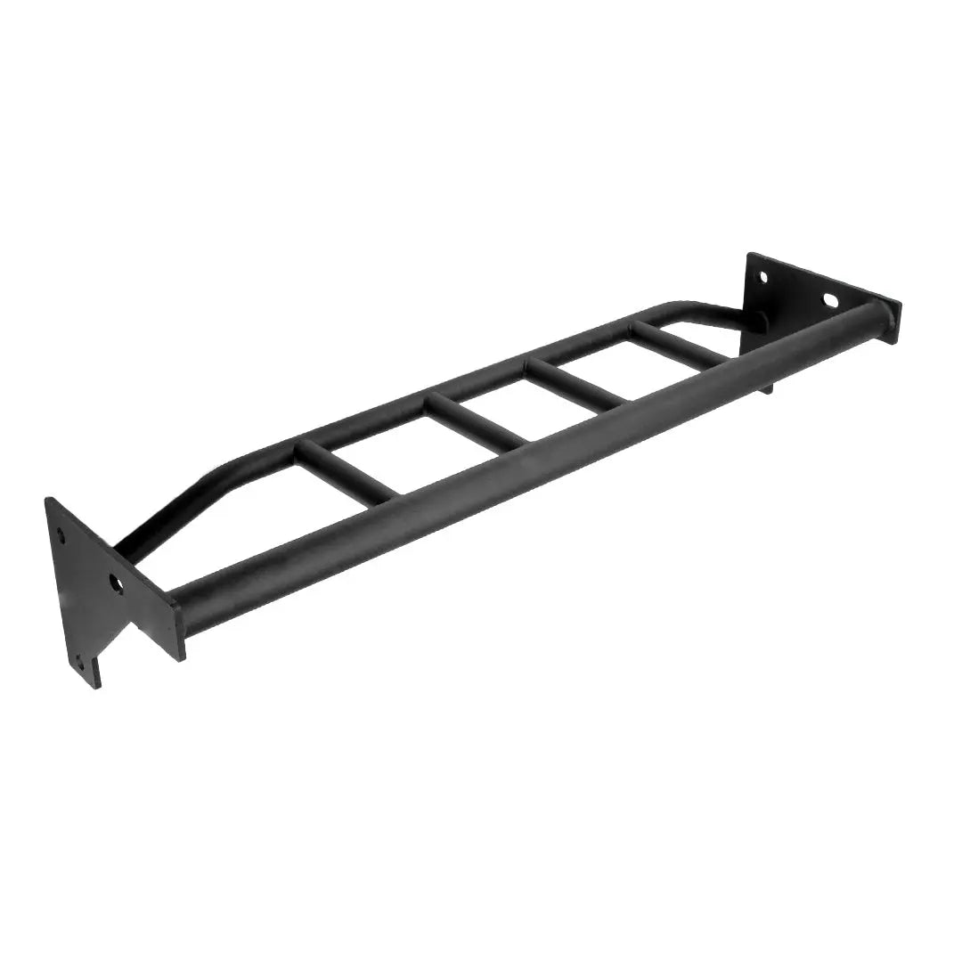 A black steel roof rack ladder features four rungs and two brackets for mounting, offering a versatile grip ideal for upper-body workouts, similar to the JORDAN HELIX Multi Grip Pull Up Bar Attachment from Jordan.
