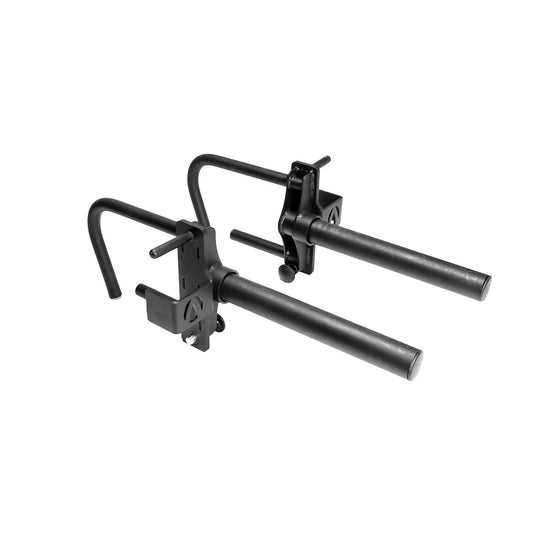 The JORDAN HELIX Multi Handle Plate Holder Attachment (Pair) by Jordan features black metal fork extensions with adjustable clamps. Designed for material handling equipment, they have straight bars with bent ends and lever mechanisms for secure attachment, ideal for efficient organization in home gyms.